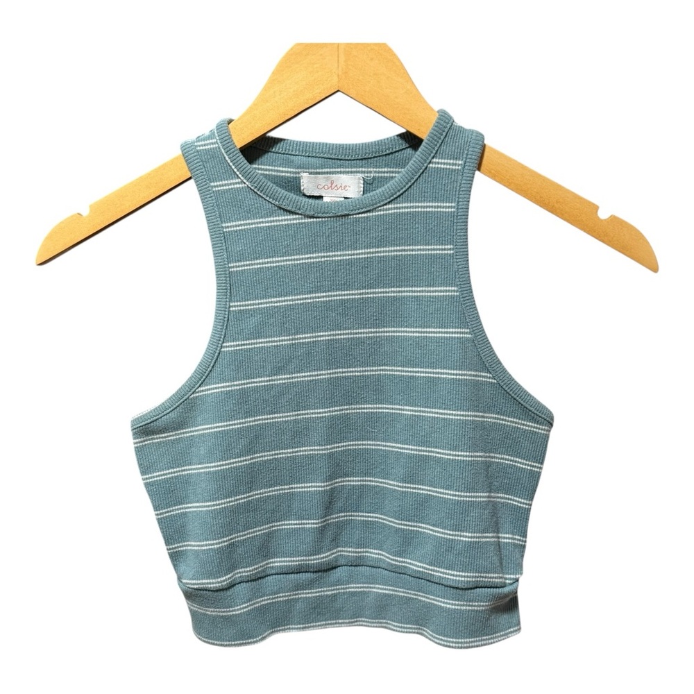 Colsie Ribbed Crop Top Womens XS Blue Striped Excellent Racerback‎ Tank - Picture 2 of 5